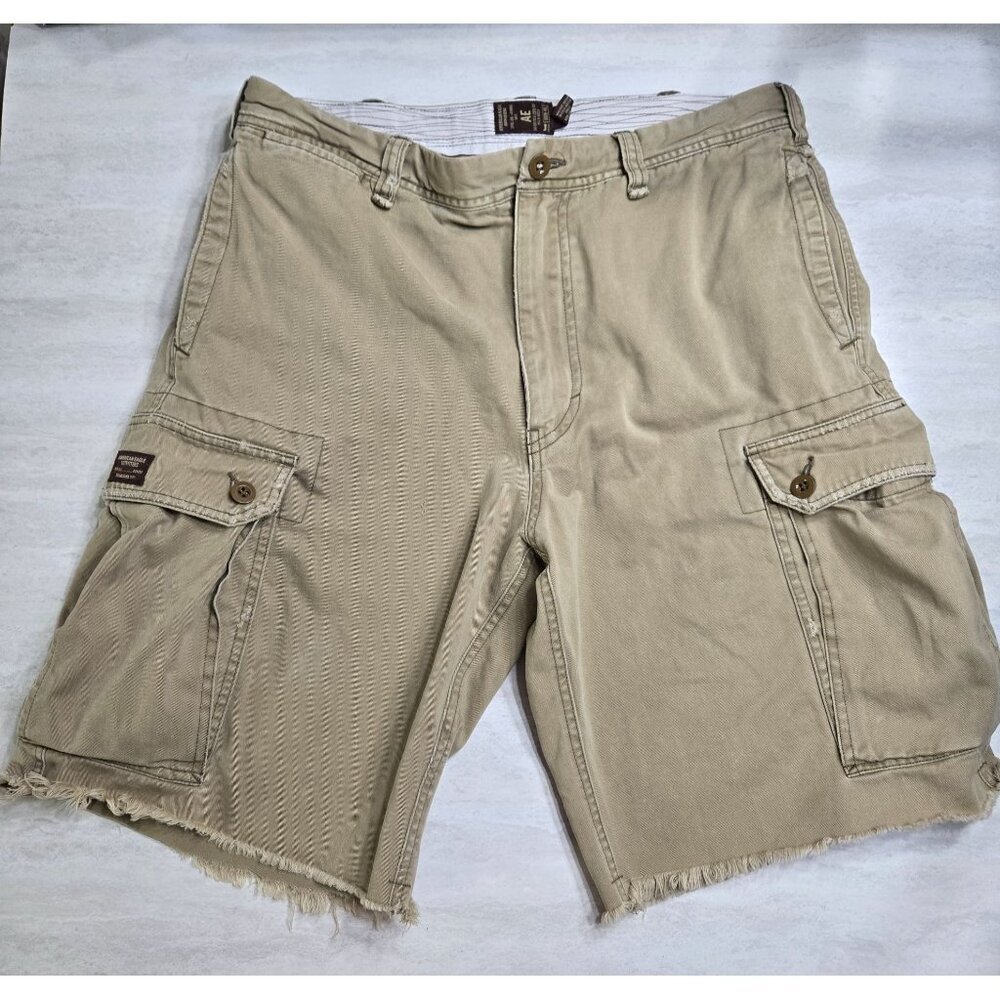 Vtg American Eagle Mens Cargo‎ Shorts 33 Khaki Frayed Hem 100% Cotton Casual 90s